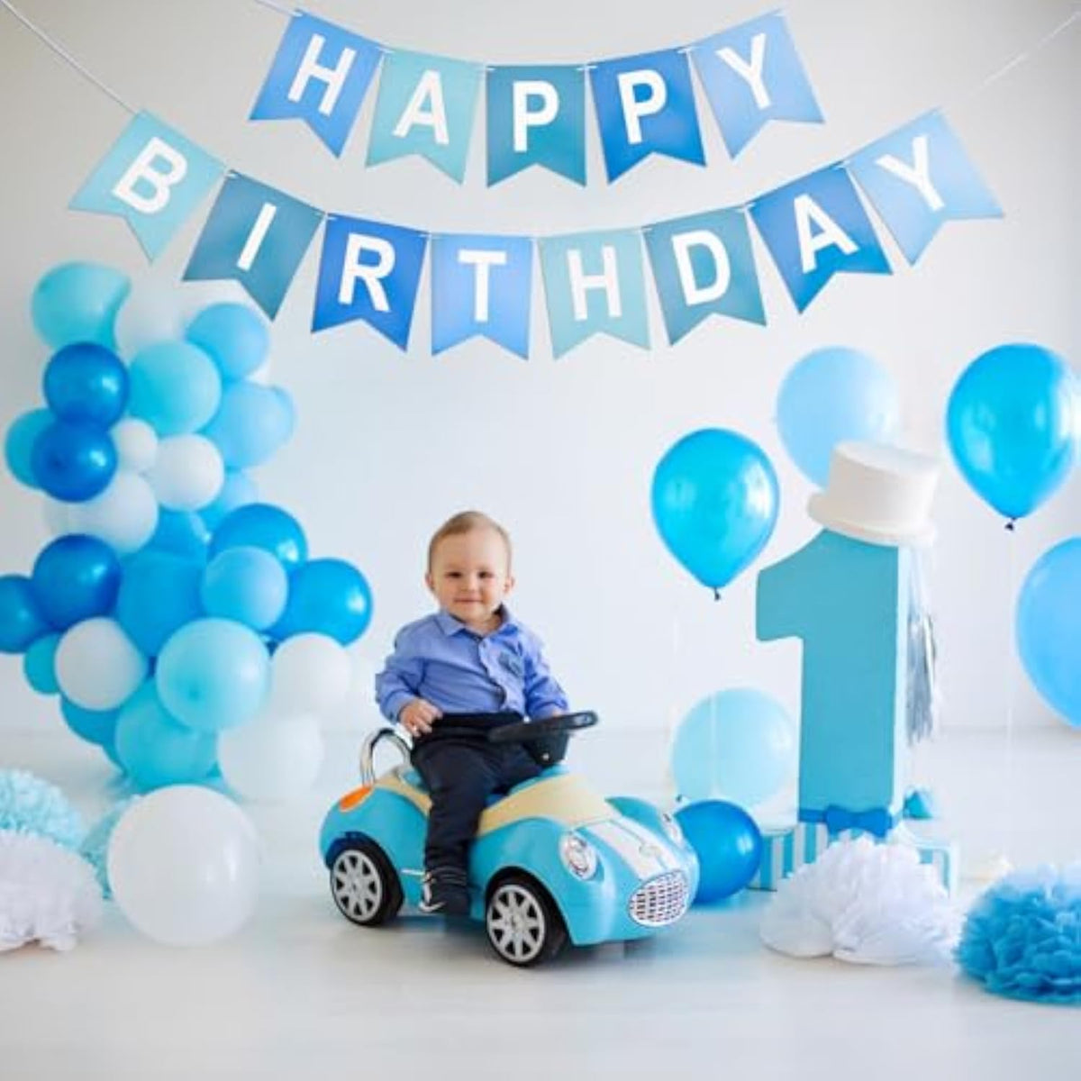 Blue Happy Birthday Banner NO DIY Birthday Sign, Cardstock Letter Banner Bunting for Birthday Party Decorations, 13 Pcs - Blue