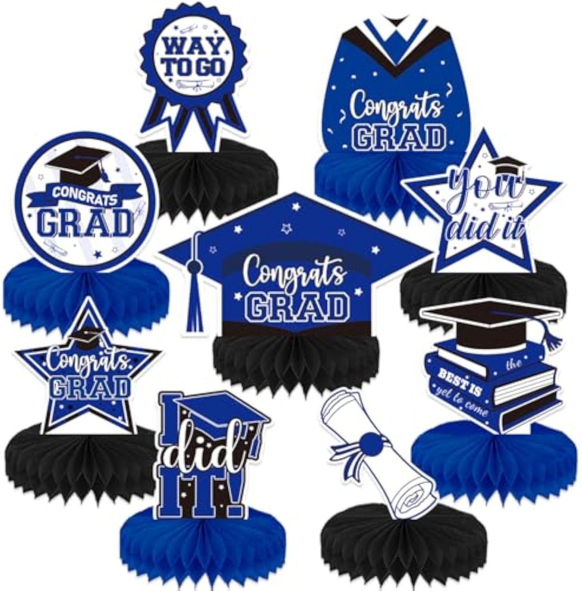 Graduation Table Decorations, 9 Pcs Blue and Black Graduation Honeycomb Centerpieces for Tables, Congrats Grad Party Table Toppers for High School and College