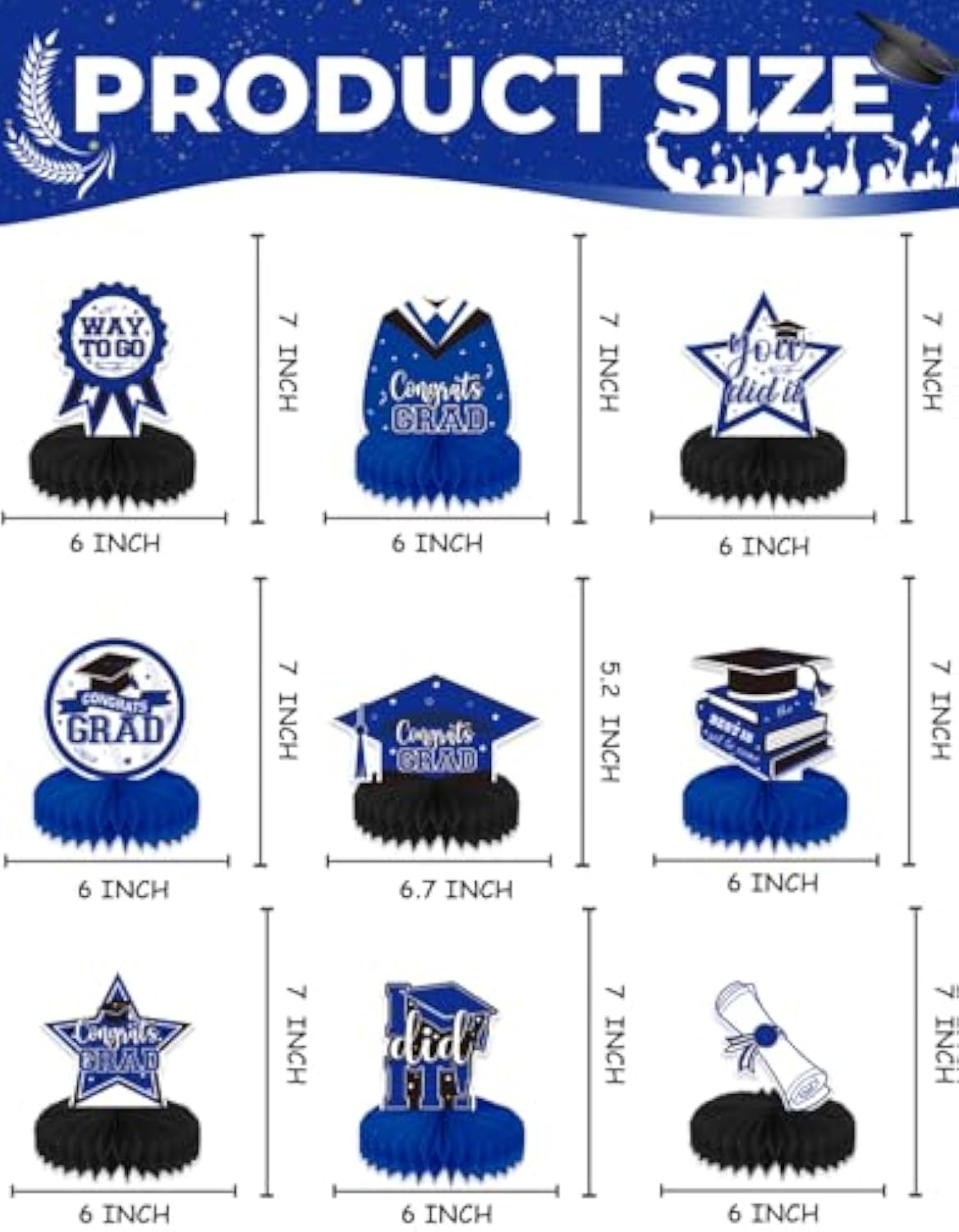 Graduation Table Decorations, 9 Pcs Blue and Black Graduation Honeycomb Centerpieces for Tables, Congrats Grad Party Table Toppers for High School and College