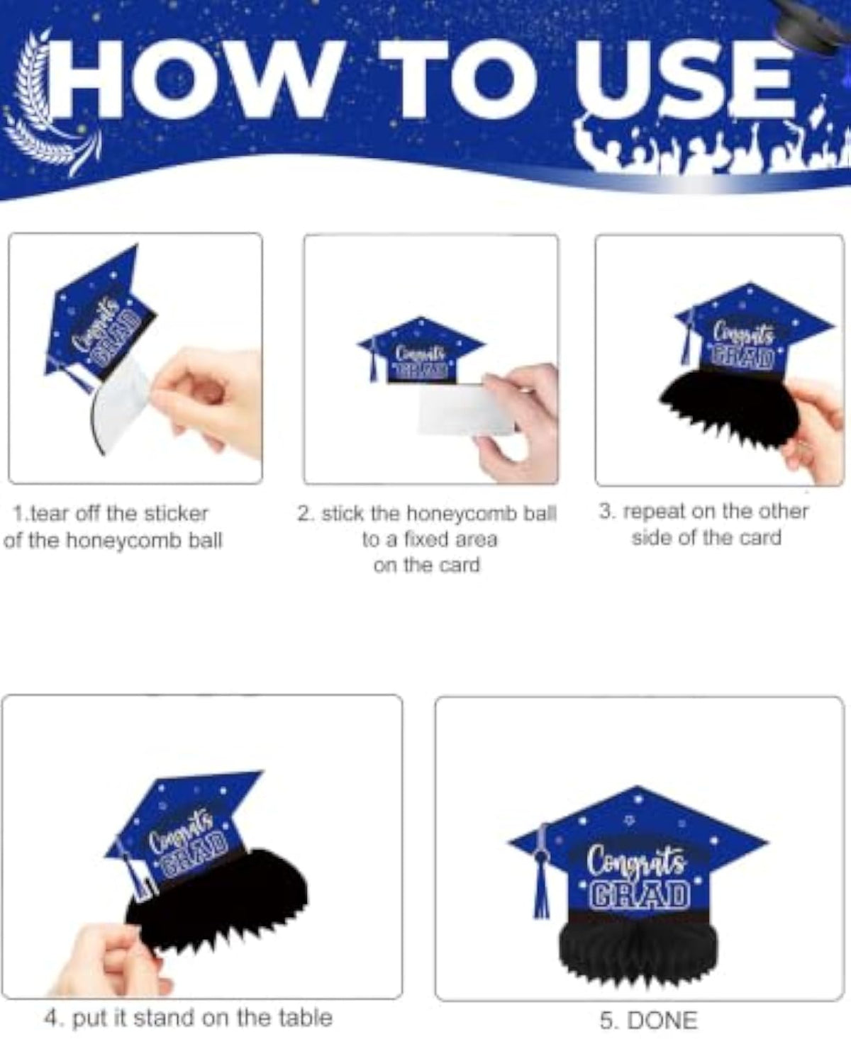Graduation Table Decorations, 9 Pcs Blue and Black Graduation Honeycomb Centerpieces for Tables, Congrats Grad Party Table Toppers for High School and College