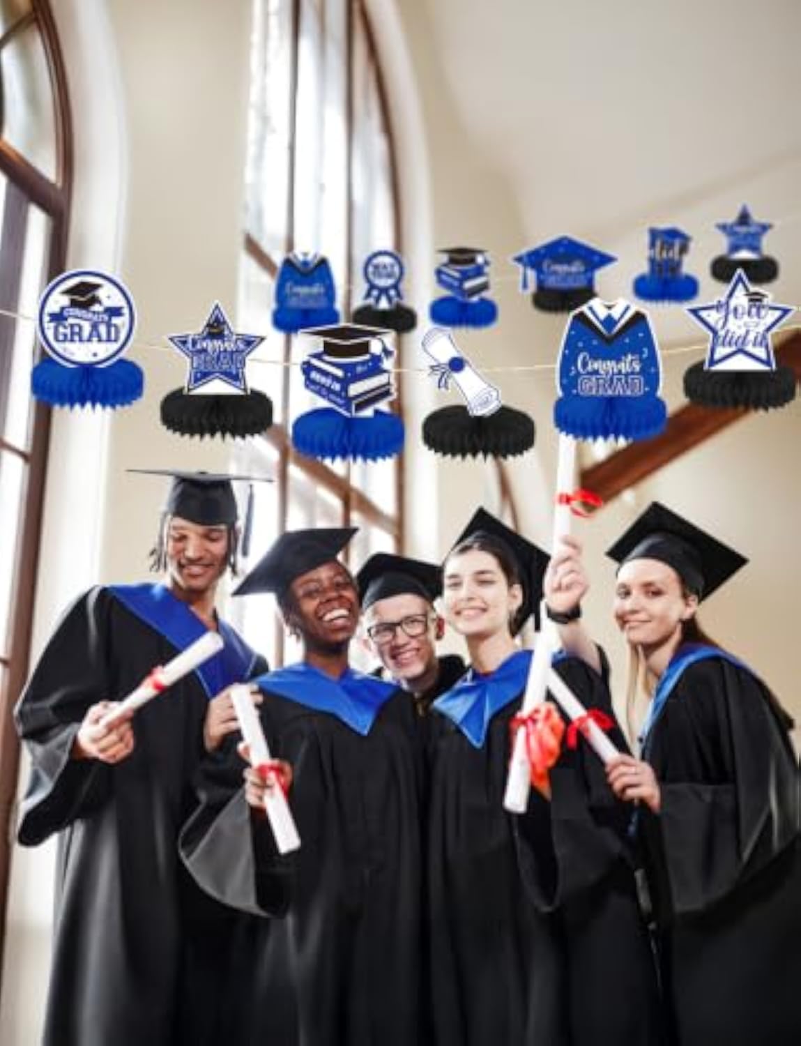 Graduation Table Decorations, 9 Pcs Blue and Black Graduation Honeycomb Centerpieces for Tables, Congrats Grad Party Table Toppers for High School and College