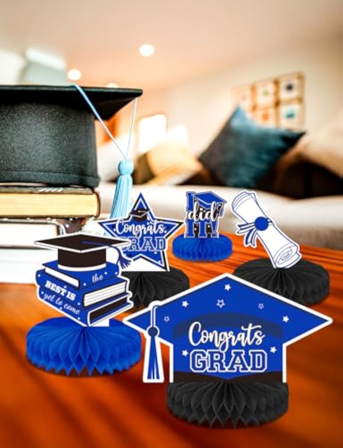 Graduation Table Decorations, 9 Pcs Blue and Black Graduation Honeycomb Centerpieces for Tables, Congrats Grad Party Table Toppers for High School and College