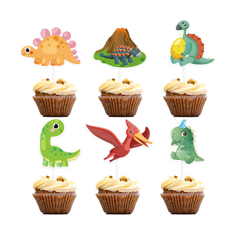 Cartoon Dinosaur Birthday Party Decorations, Dino Happy Birthday Banner with Hanging Swirls and 12 Volcano Cupcake Toppers plus a Large Dino Cake Topper, Kids Dinosaur Theme Party Supplies