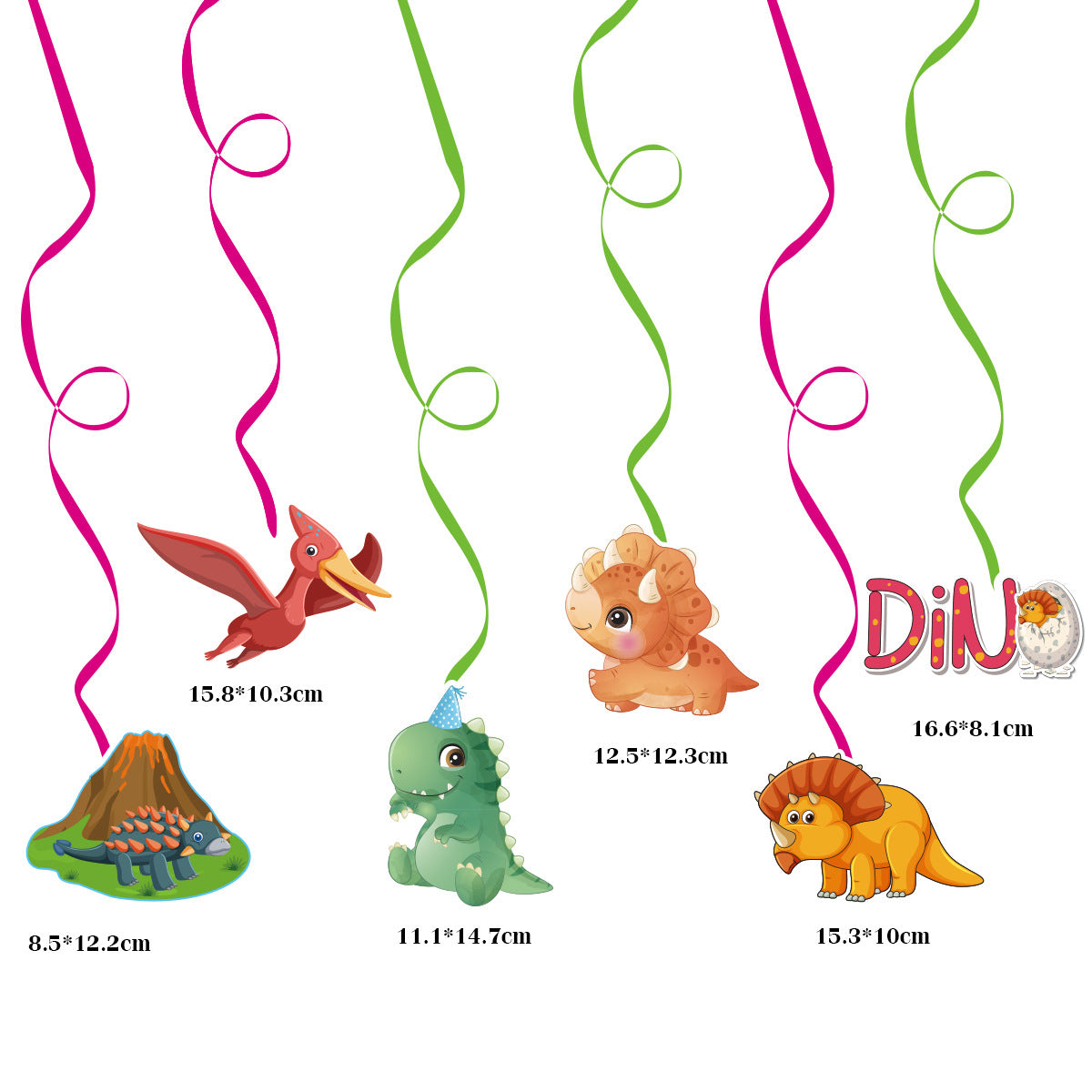Cartoon Dinosaur Birthday Party Decorations, Dino Happy Birthday Banner with Hanging Swirls and 12 Volcano Cupcake Toppers plus a Large Dino Cake Topper, Kids Dinosaur Theme Party Supplies