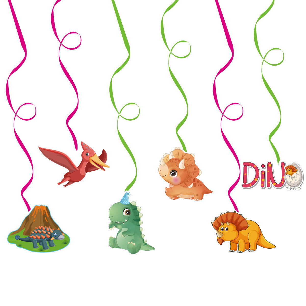 Cartoon Dinosaur Birthday Party Decorations, Dino Happy Birthday Banner with Hanging Swirls and 12 Volcano Cupcake Toppers plus a Large Dino Cake Topper, Kids Dinosaur Theme Party Supplies