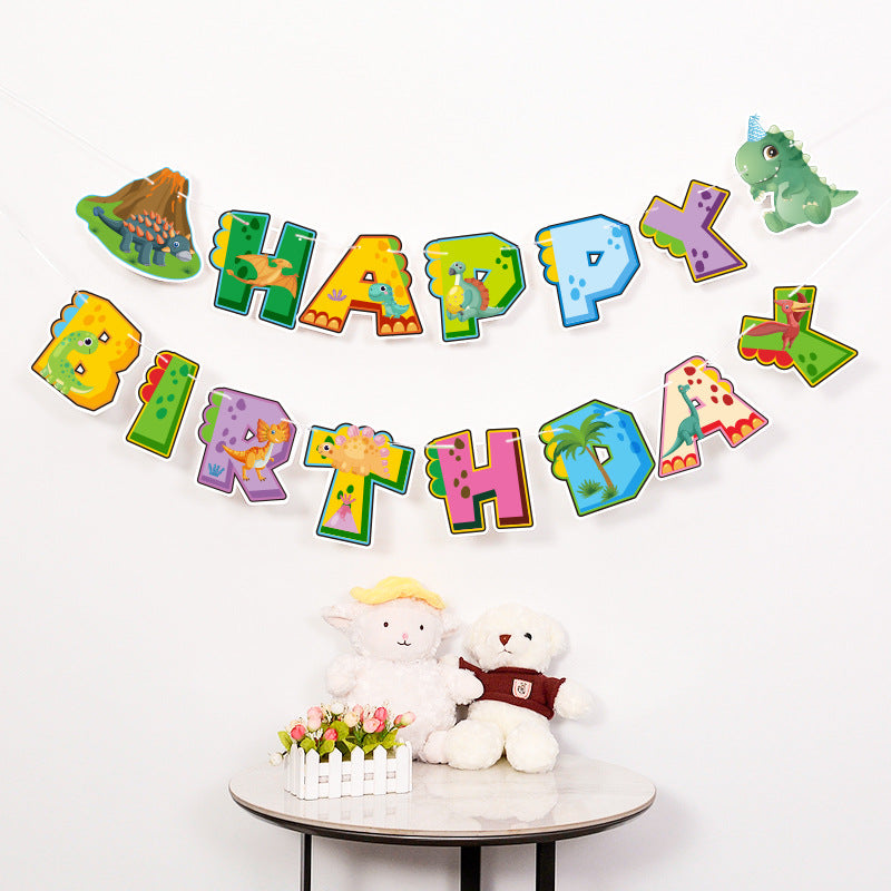 Cartoon Dinosaur Birthday Party Decorations, Dino Happy Birthday Banner with Hanging Swirls and 12 Volcano Cupcake Toppers plus a Large Dino Cake Topper, Kids Dinosaur Theme Party Supplies