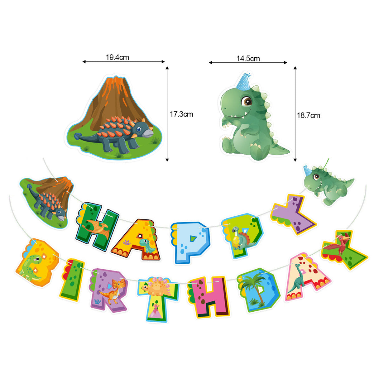 Cartoon Dinosaur Birthday Party Decorations, Dino Happy Birthday Banner with Hanging Swirls and 12 Volcano Cupcake Toppers plus a Large Dino Cake Topper, Kids Dinosaur Theme Party Supplies