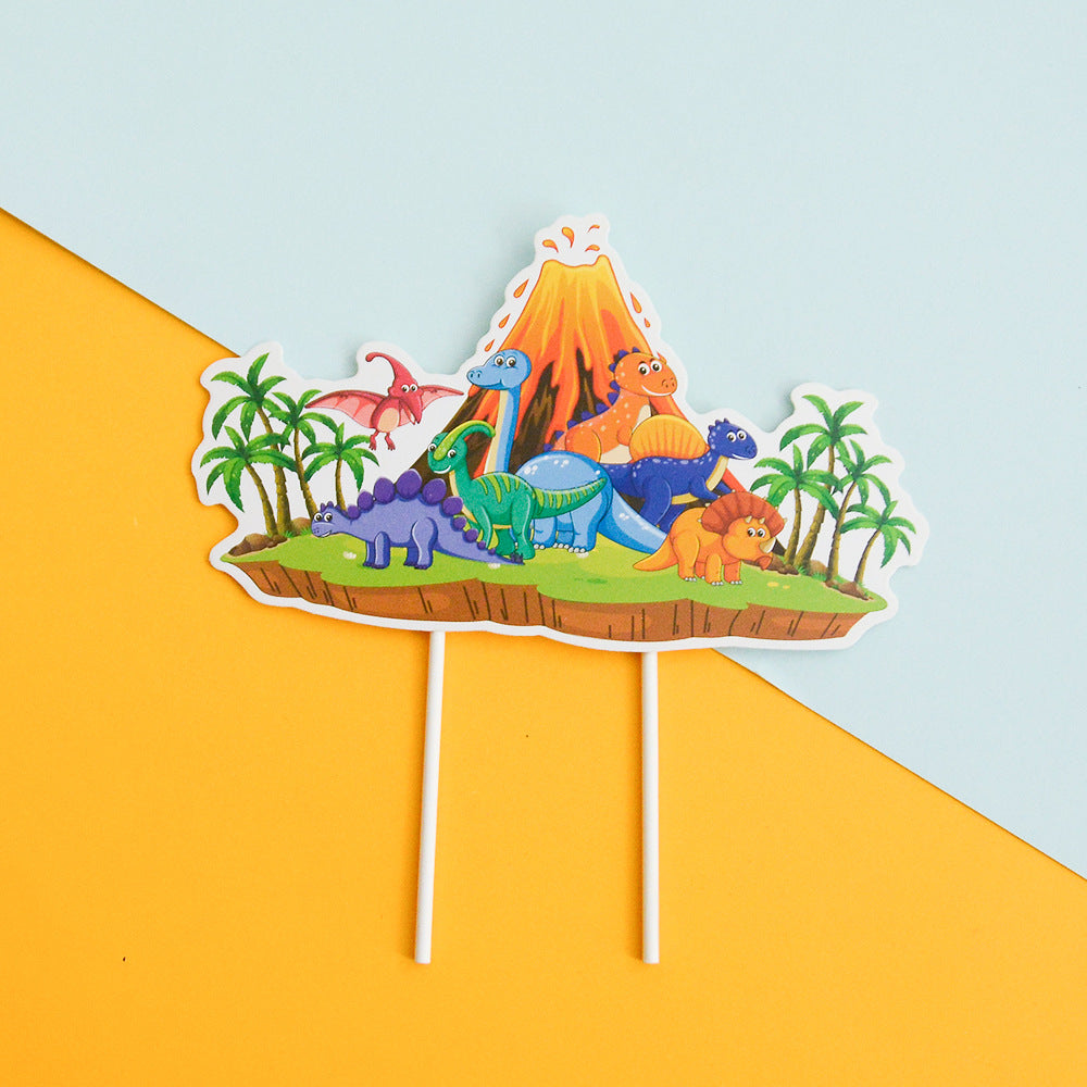 Cartoon Dinosaur Birthday Party Decorations, Dino Happy Birthday Banner with Hanging Swirls and 12 Volcano Cupcake Toppers plus a Large Dino Cake Topper, Kids Dinosaur Theme Party Supplies