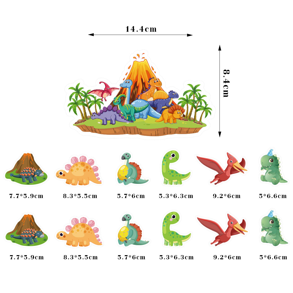 Cartoon Dinosaur Birthday Party Decorations, Dino Happy Birthday Banner with Hanging Swirls and 12 Volcano Cupcake Toppers plus a Large Dino Cake Topper, Kids Dinosaur Theme Party Supplies