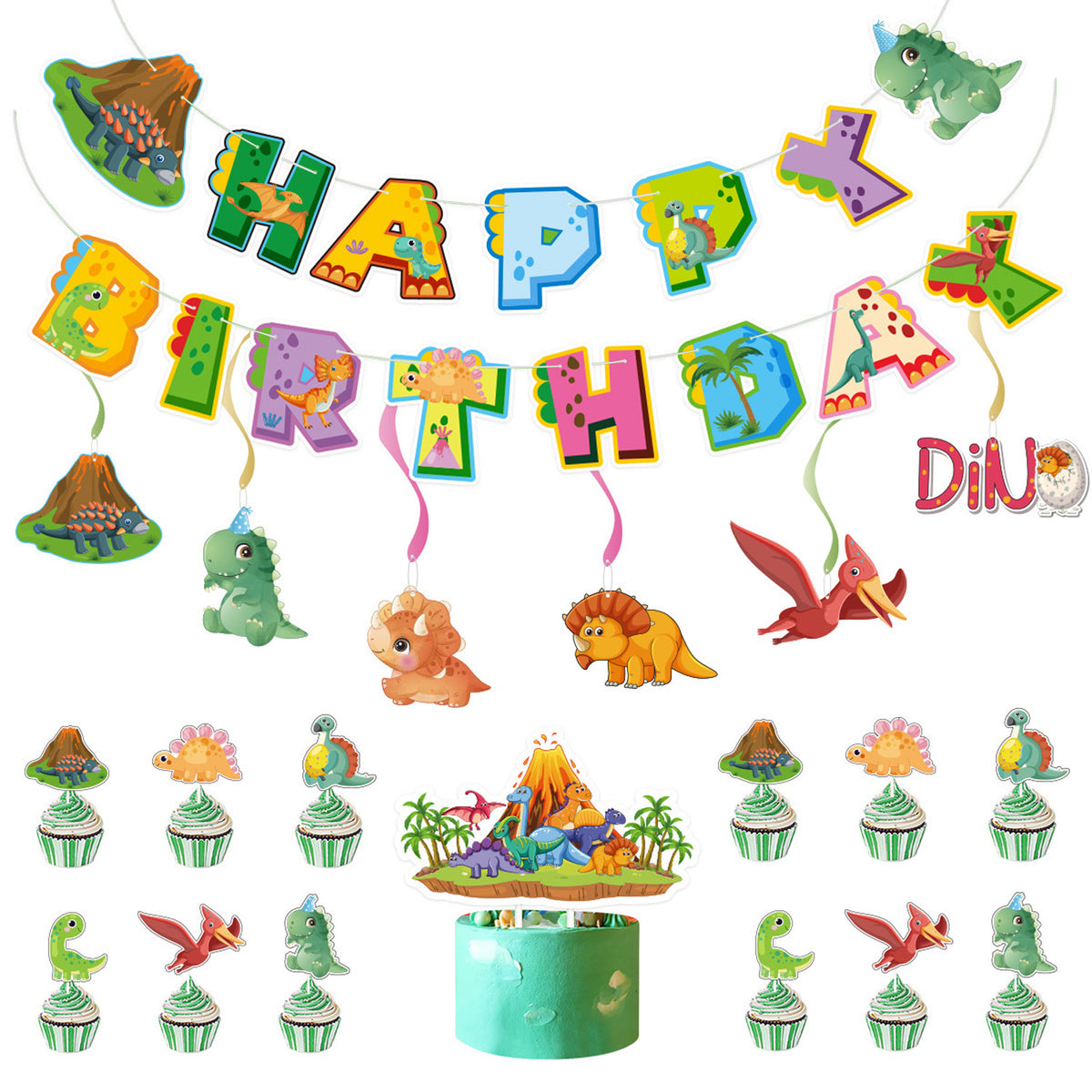 Cartoon Dinosaur Birthday Party Decorations, Dino Happy Birthday Banner with Hanging Swirls and 12 Volcano Cupcake Toppers plus a Large Dino Cake Topper, Kids Dinosaur Theme Party Supplies
