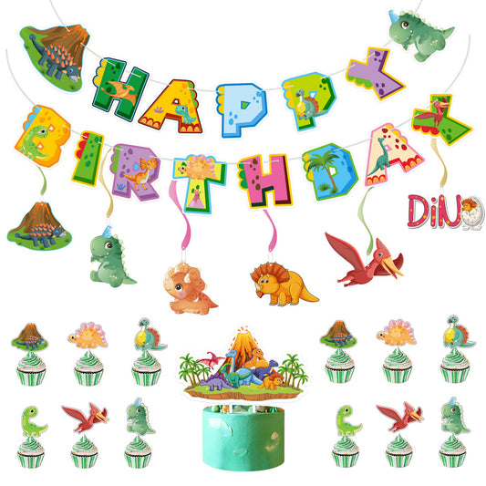 Cartoon Dinosaur Birthday Party Decorations, Dino Happy Birthday Banner with Hanging Swirls and 12 Volcano Cupcake Toppers plus a Large Dino Cake Topper, Kids Dinosaur Theme Party Supplies