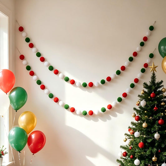 Pom Pom Garland, Felt Ball Decorations, 60 Pcs Felt Balls with 2 x 3m Fishing Line and Needle, DIY Pom Pom Banner for Christmas Halloween Fall Thanksgiving Birthday Baby Shower Wedding Party Decorations - Christmas