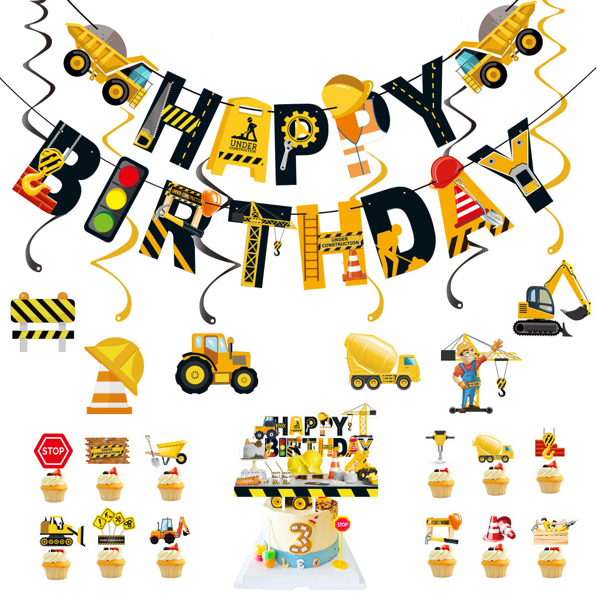 Construction Birthday Party Decorations, Dump Truck Happy Birthday Banner with 12 Cupcake Toppers, a Large Cake Topper, 9 Honeycomb Centerpieces and 6 Hanging Swirls, Construction Theme Party Supplies for Boys