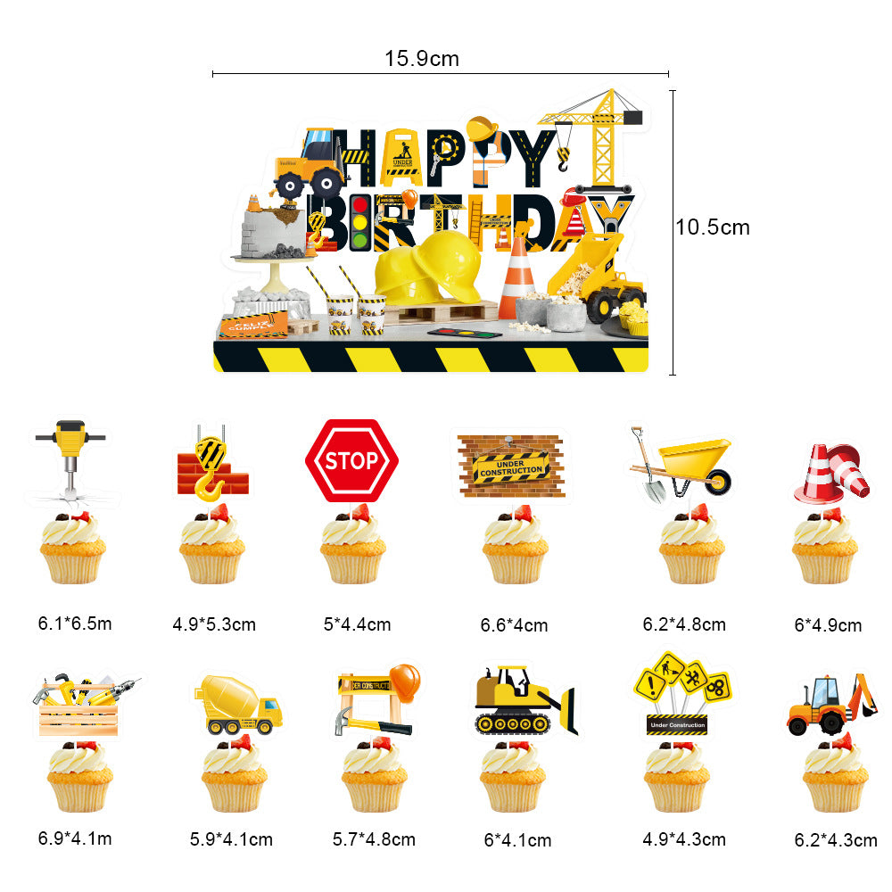 Construction Birthday Party Decorations, Dump Truck Happy Birthday Banner with 12 Cupcake Toppers, a Large Cake Topper, 9 Honeycomb Centerpieces and 6 Hanging Swirls, Construction Theme Party Supplies for Boys