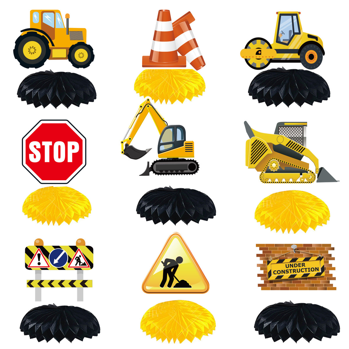 Construction Birthday Party Decorations, Dump Truck Happy Birthday Banner with 12 Cupcake Toppers, a Large Cake Topper, 9 Honeycomb Centerpieces and 6 Hanging Swirls, Construction Theme Party Supplies for Boys