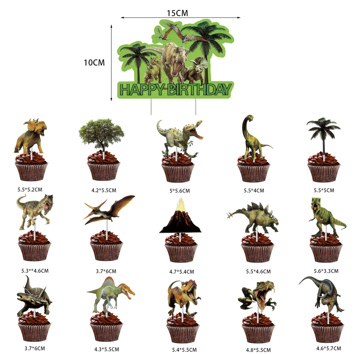 Dinosaur Birthday Party Decorations, Dino Happy Birthday Banner with Hanging Swirls and 15 Cupcake Toppers plus a Large Dino Cake Topper, Kids Dinosaur Theme Party Supplies