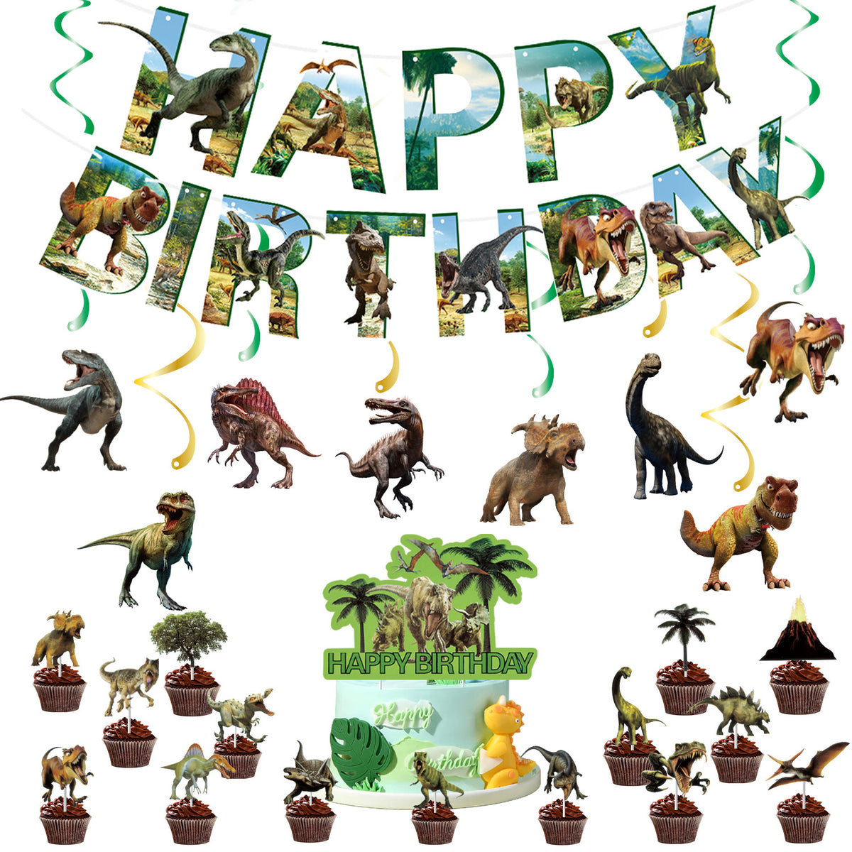 Dinosaur Birthday Party Decorations, Dino Happy Birthday Banner with Hanging Swirls and 15 Cupcake Toppers plus a Large Dino Cake Topper, Kids Dinosaur Theme Party Supplies