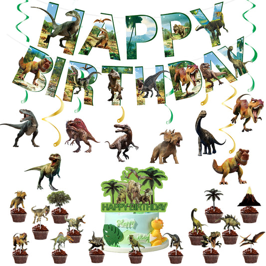 Dinosaur Birthday Party Decorations, Dino Happy Birthday Banner with Hanging Swirls and 15 Cupcake Toppers plus a Large Dino Cake Topper, Kids Dinosaur Theme Party Supplies