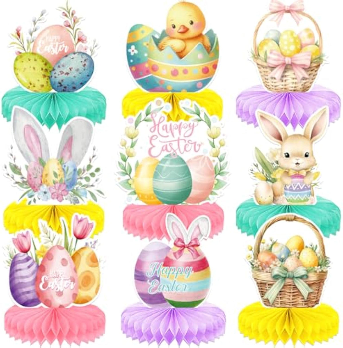 Easter Table Decorations, 9 Pcs Bunny and Egg Easter Honeycomb Centerpieces for Tables, Spring Party Table Toppers for Easter and Spring Celebrations