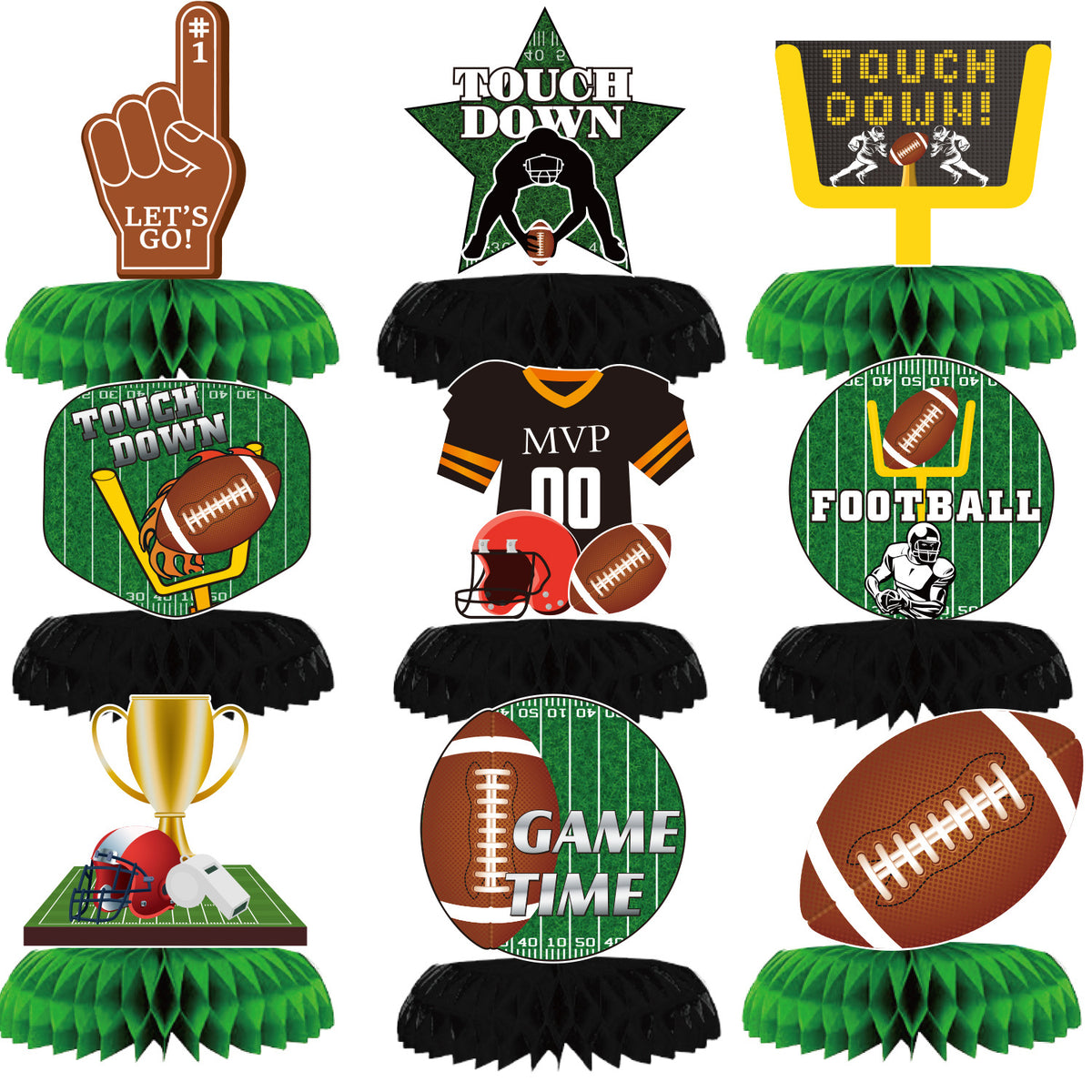 Football Party Decorations, American Football Birthday Party Set with 9 Honeycomb Centerpieces, 6 Hanging Swirls, Touchdown Pennant Banner and Football Garland, Game Day Table Decor for Kids and Adults
