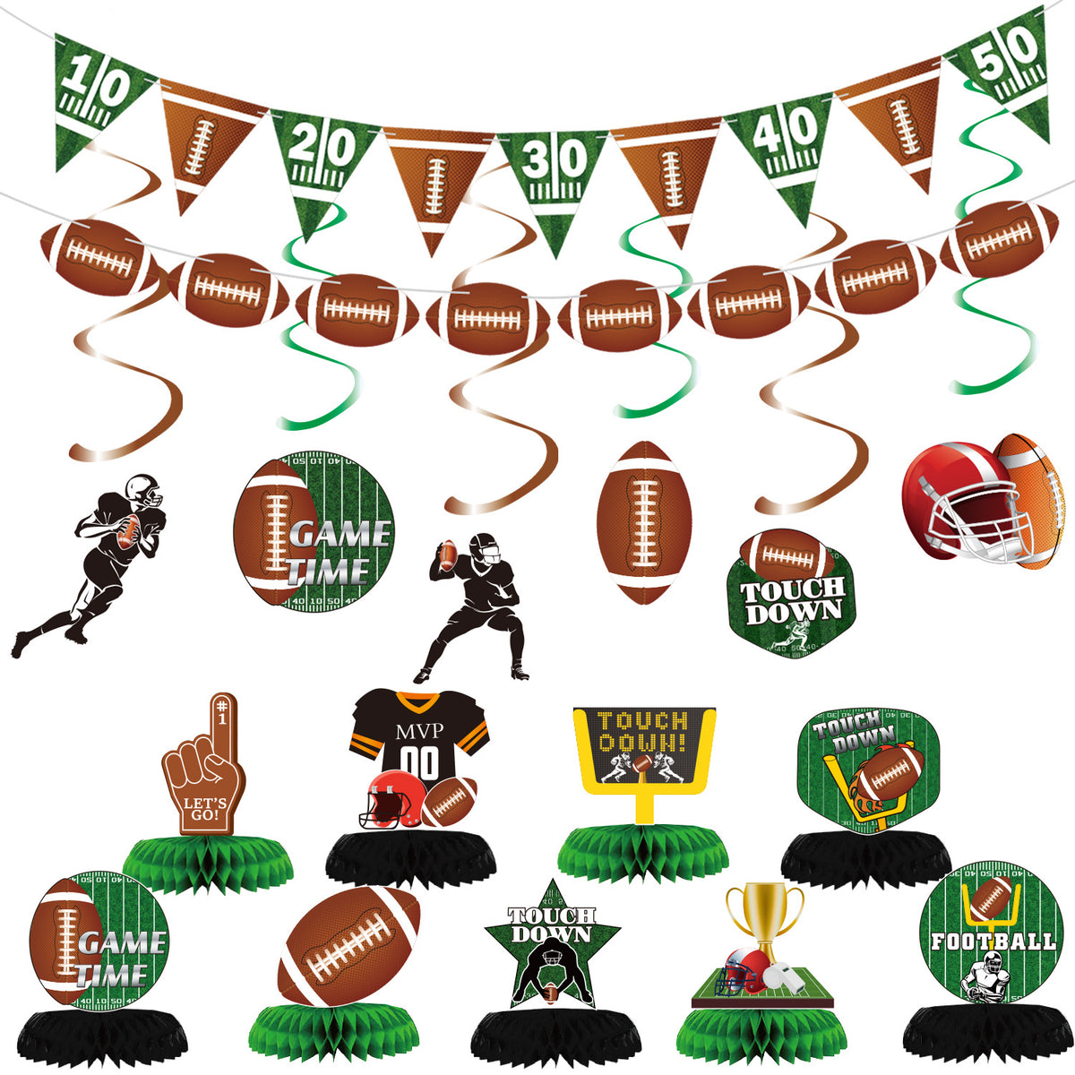 Football Party Decorations, American Football Birthday Party Set with 9 Honeycomb Centerpieces, 6 Hanging Swirls, Touchdown Pennant Banner and Football Garland, Game Day Table Decor for Kids and Adults