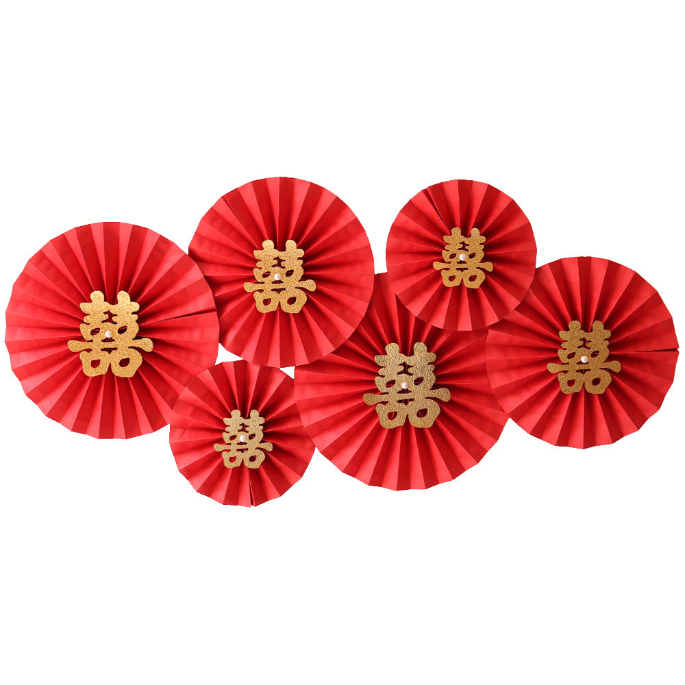 Chinese Wedding Paper Fan Decorations, 6 Pcs Red Folding Fans with Gold Double Happiness and Fortune Characters, 12in 10in 8in, Hanging Backdrop Wall Decor for Wedding Ceremony and Engagement - Cursive Double Happiness