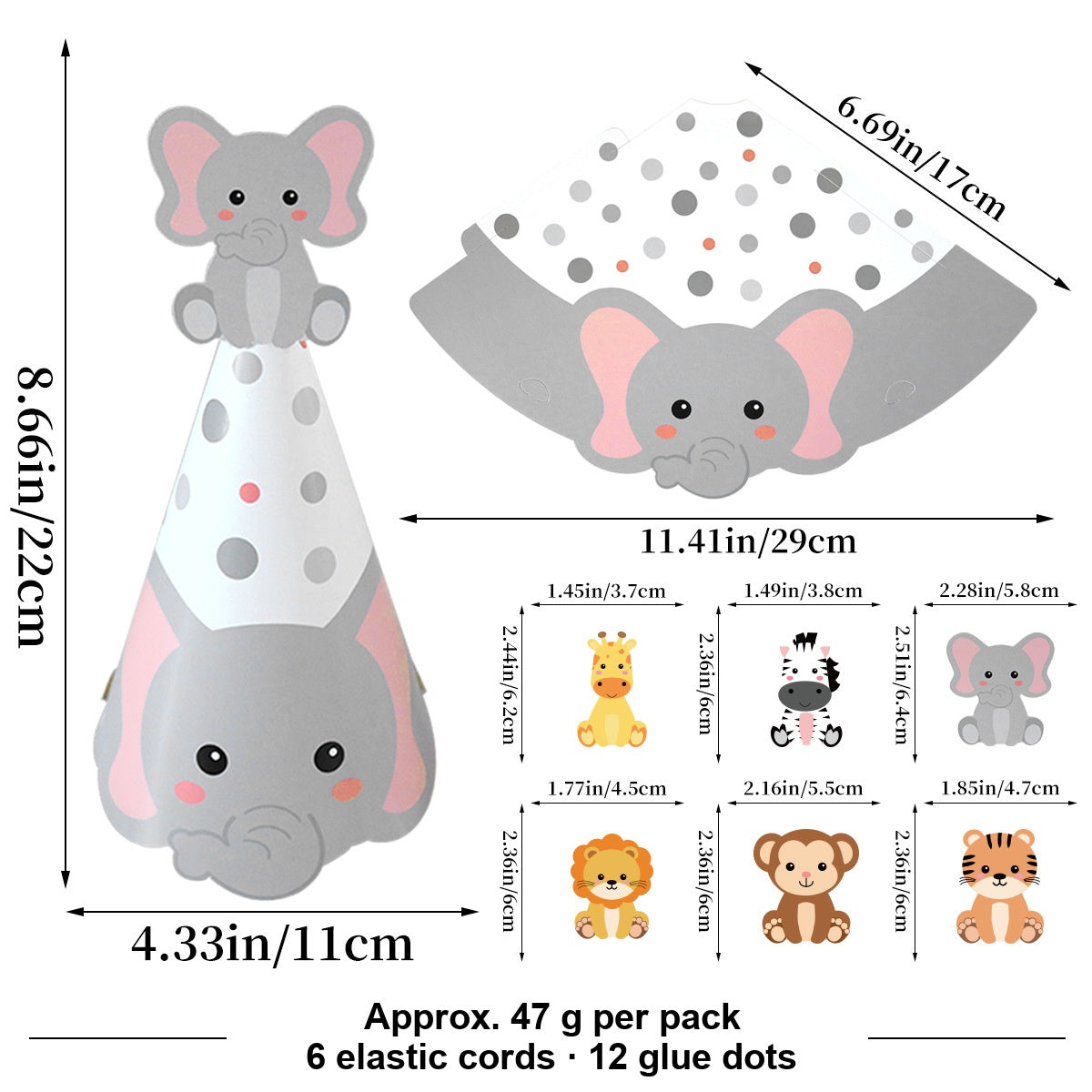 Animal Party Hats for Kids, 6 Pcs Jungle Safari Woodland Farm Animal Birthday Party Hats, Cartoon Paper Cone Hats for Boys and Girls, Animal Birthday Party Decorations - Jungle Animals