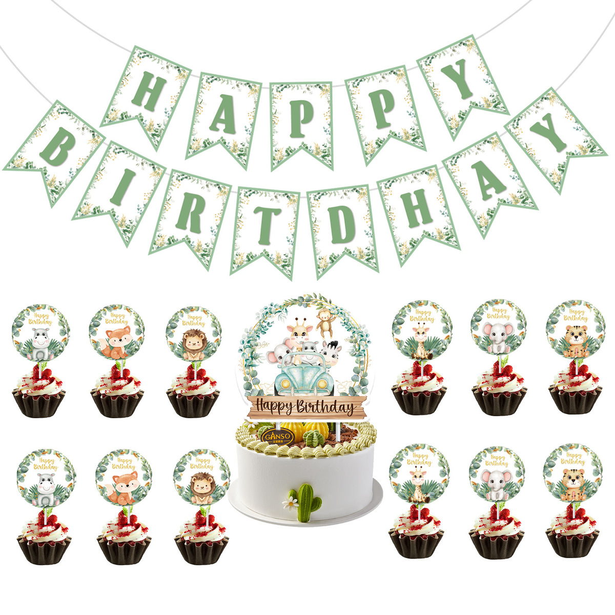 Jungle Animals Birthday Party Decorations, Sage Green Happy Birthday Banner with 12 Cupcake Toppers and a Large Cake Topper, Safari Jungle Theme Party Supplies for Kids Birthday and Baby Shower