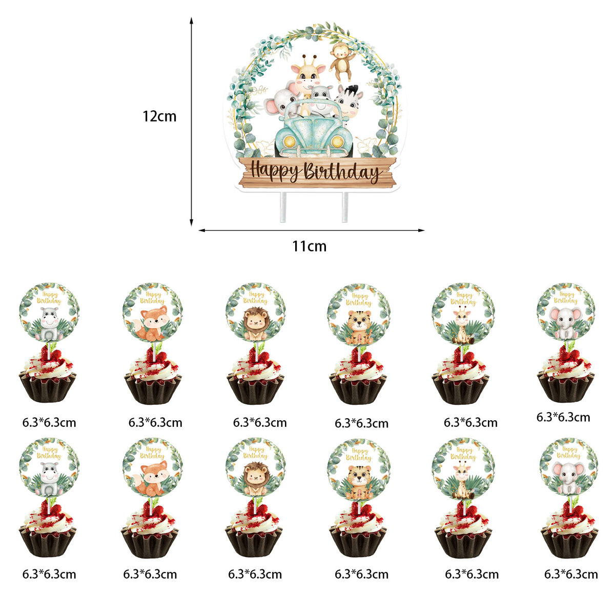 Jungle Animals Birthday Party Decorations, Sage Green Happy Birthday Banner with 12 Cupcake Toppers and a Large Cake Topper, Safari Jungle Theme Party Supplies for Kids Birthday and Baby Shower