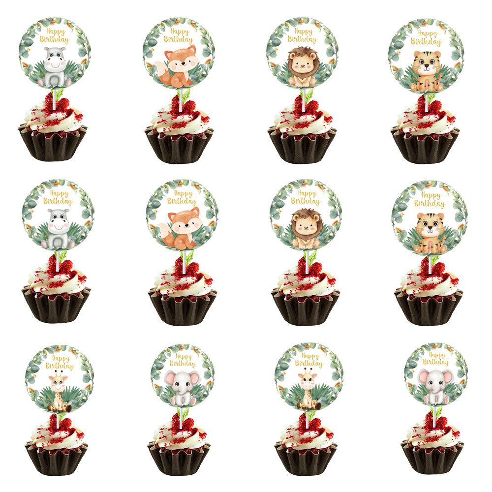 Jungle Animals Birthday Party Decorations, Sage Green Happy Birthday Banner with 12 Cupcake Toppers and a Large Cake Topper, Safari Jungle Theme Party Supplies for Kids Birthday and Baby Shower