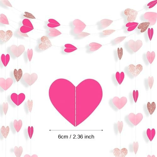 Valentine's Day Heart Garland Decorations, 52ft Hot Pink Rose Gold White Double-Sided Paper Heart Streamers for Mother's Day Wedding Party Decorations - Hot pink +rose gold+ white
