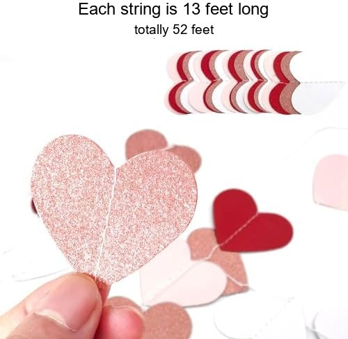 Mother's Day Heart Garland Decorations, 52ft Dark Red Pink Rose Gold Double-Sided Paper Heart Streamers for Wedding Engagement Party Decorations - Dark red + pink+ rose gold