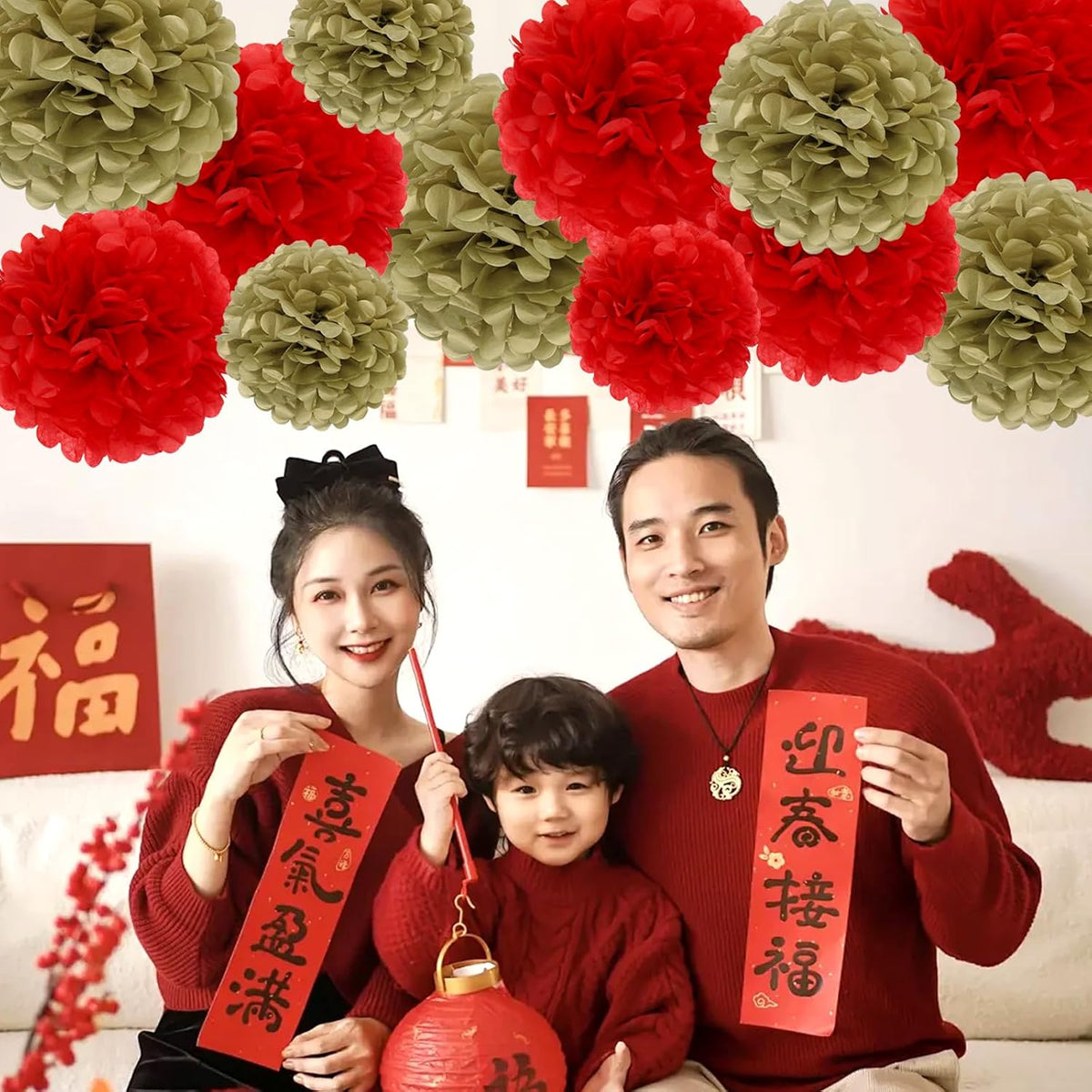 New Year Decorations Red and Gold Tissue Paper Pom Poms Hanging Paper Flower Balls 12pcs - Red & Gold