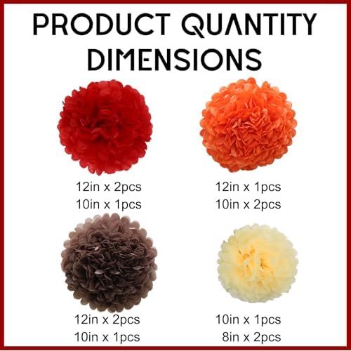 Thanksgiving Decorations Wine Red and Orange Tissue Paper Pom Poms Hanging Paper Flower Balls 12pcs - Wine Red & Orange