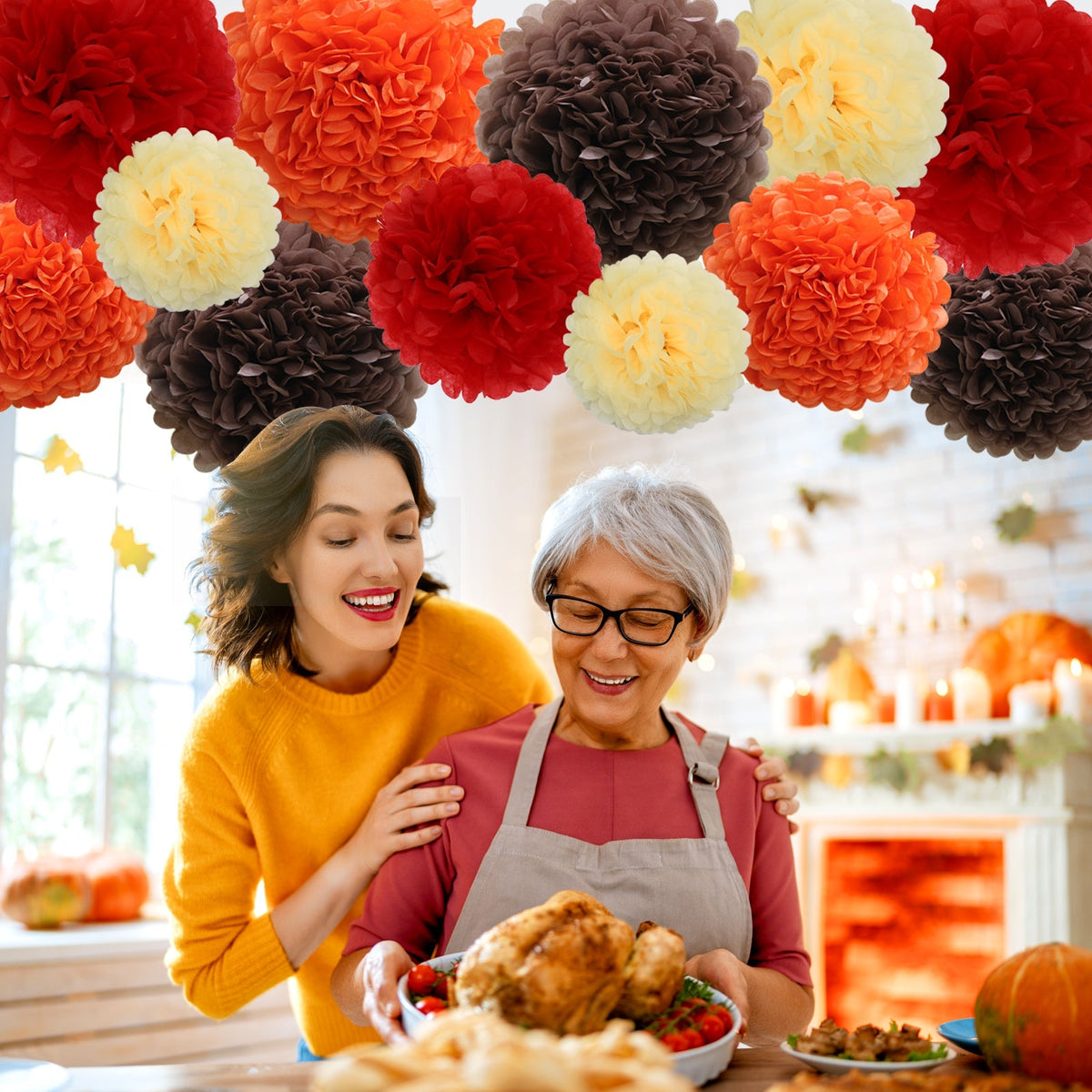 Thanksgiving Decorations Wine Red and Orange Tissue Paper Pom Poms Hanging Paper Flower Balls 12pcs - Wine Red & Orange