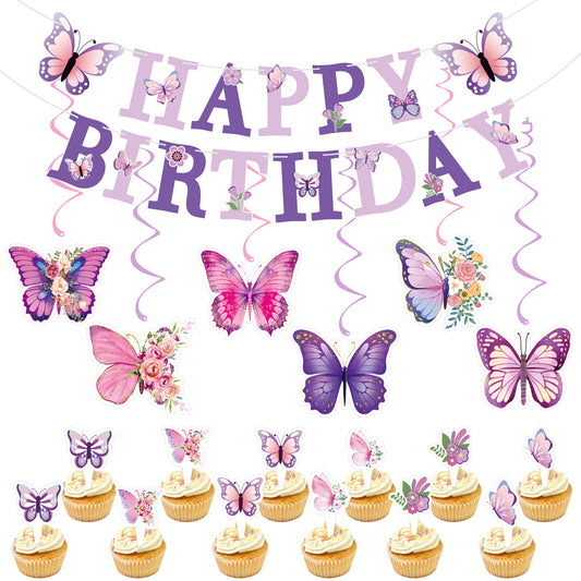 Purple Butterfly Party Decorations, Butterfly Happy Birthday Banner with Hanging Swirls and Cupcake Toppers, Tea Party and Spring Garden Party Supplies for Girls