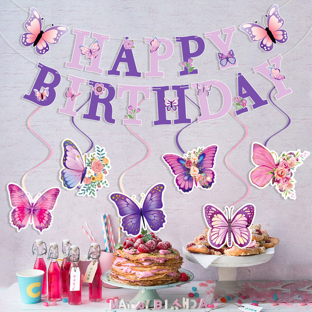 Purple Butterfly Party Decorations, Butterfly Happy Birthday Banner with Hanging Swirls and Cupcake Toppers, Tea Party and Spring Garden Party Supplies for Girls