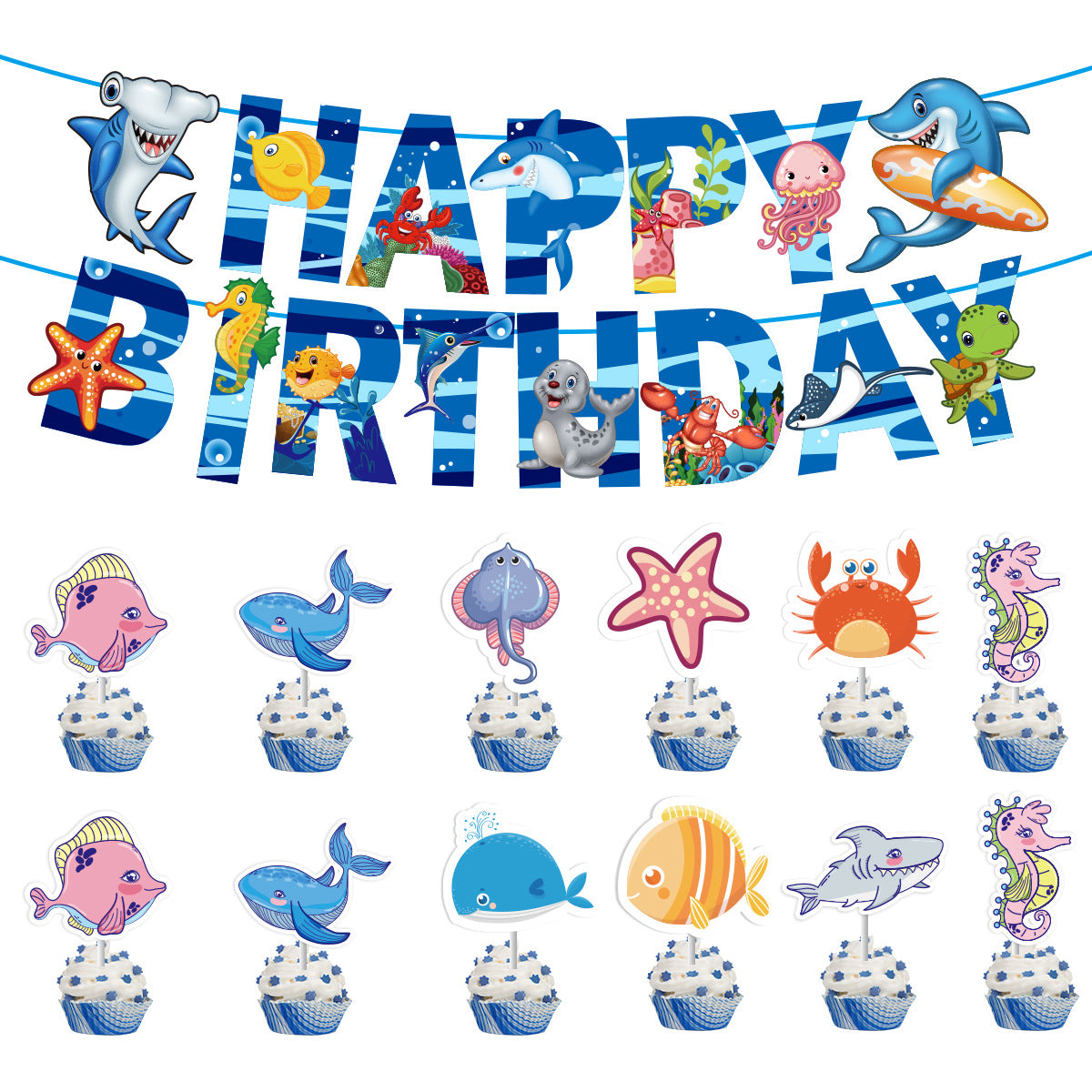 Under the Sea Party Decorations, Shark Birthday Party Set with Happy Birthday Letter Banner and 16 Sea Life Cupcake Toppers, Ocean Animals Theme Party Supplies for Boys