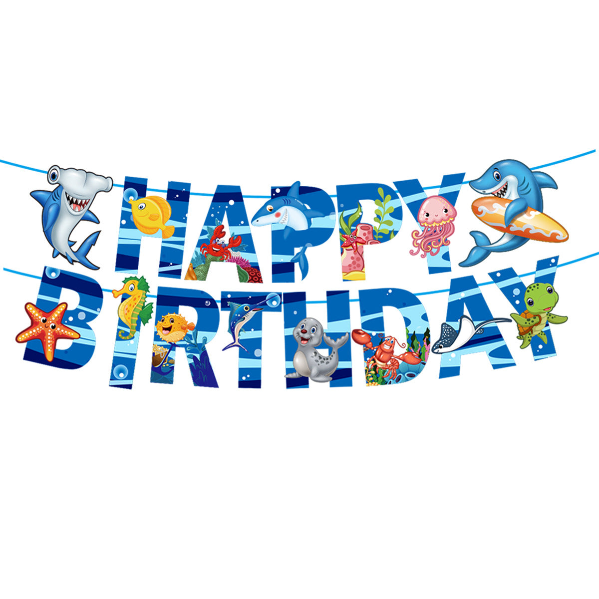 Under the Sea Party Decorations, Shark Birthday Party Set with Happy Birthday Letter Banner and 16 Sea Life Cupcake Toppers, Ocean Animals Theme Party Supplies for Boys