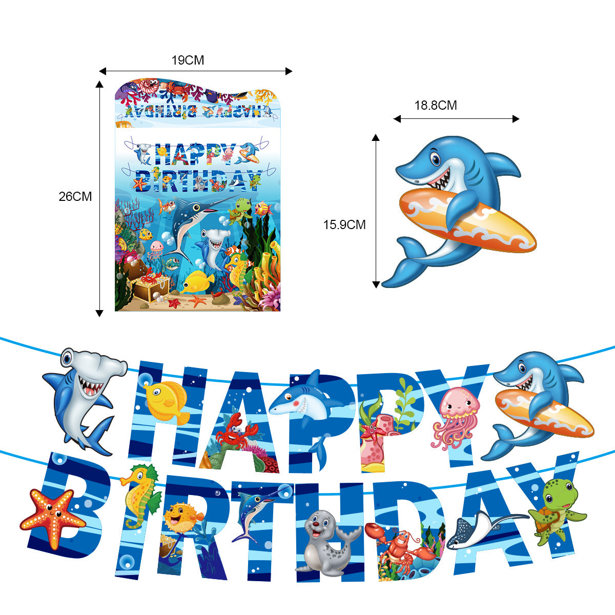Under the Sea Party Decorations, Shark Birthday Party Set with Happy Birthday Letter Banner and 16 Sea Life Cupcake Toppers, Ocean Animals Theme Party Supplies for Boys