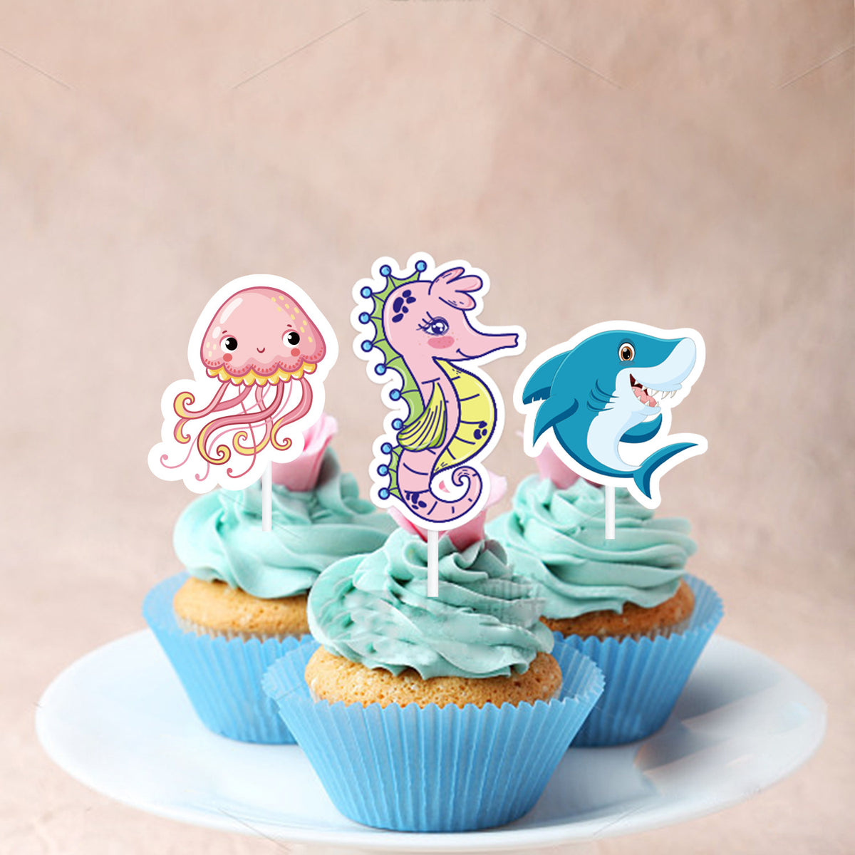Under the Sea Party Decorations, Shark Birthday Party Set with Happy Birthday Letter Banner and 16 Sea Life Cupcake Toppers, Ocean Animals Theme Party Supplies for Boys