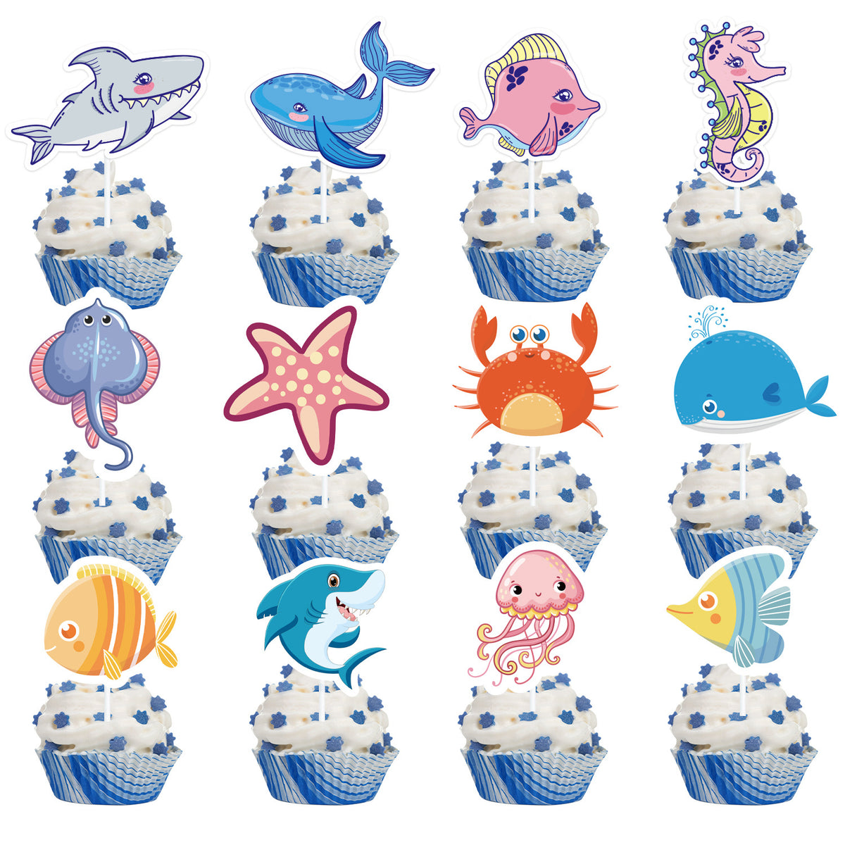 Under the Sea Party Decorations, Shark Birthday Party Set with Happy Birthday Letter Banner and 16 Sea Life Cupcake Toppers, Ocean Animals Theme Party Supplies for Boys