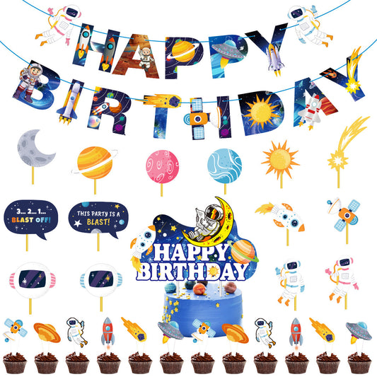 Space Birthday Party Decorations, Outer Space Happy Birthday Banner with Astronaut Cake Toppers and Rocket Cutouts, Moon and Astronaut Topper for a Kids Space Theme Birthday, Galaxy Party Supplies