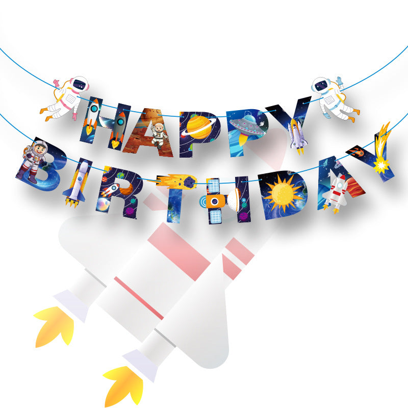Space Birthday Party Decorations, Outer Space Happy Birthday Banner with Astronaut Cake Toppers and Rocket Cutouts, Moon and Astronaut Topper for a Kids Space Theme Birthday, Galaxy Party Supplies