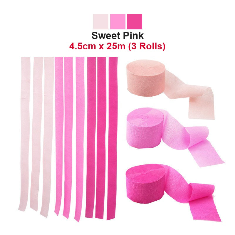 Crepe Paper Streamers, Sweet Pink 3-Roll Set, 4.5cm x 25m Colorful Crepe Paper Rolls for Party Backdrops, Birthday and Wedding Decorations - Sweet Pink (3 Rolls)