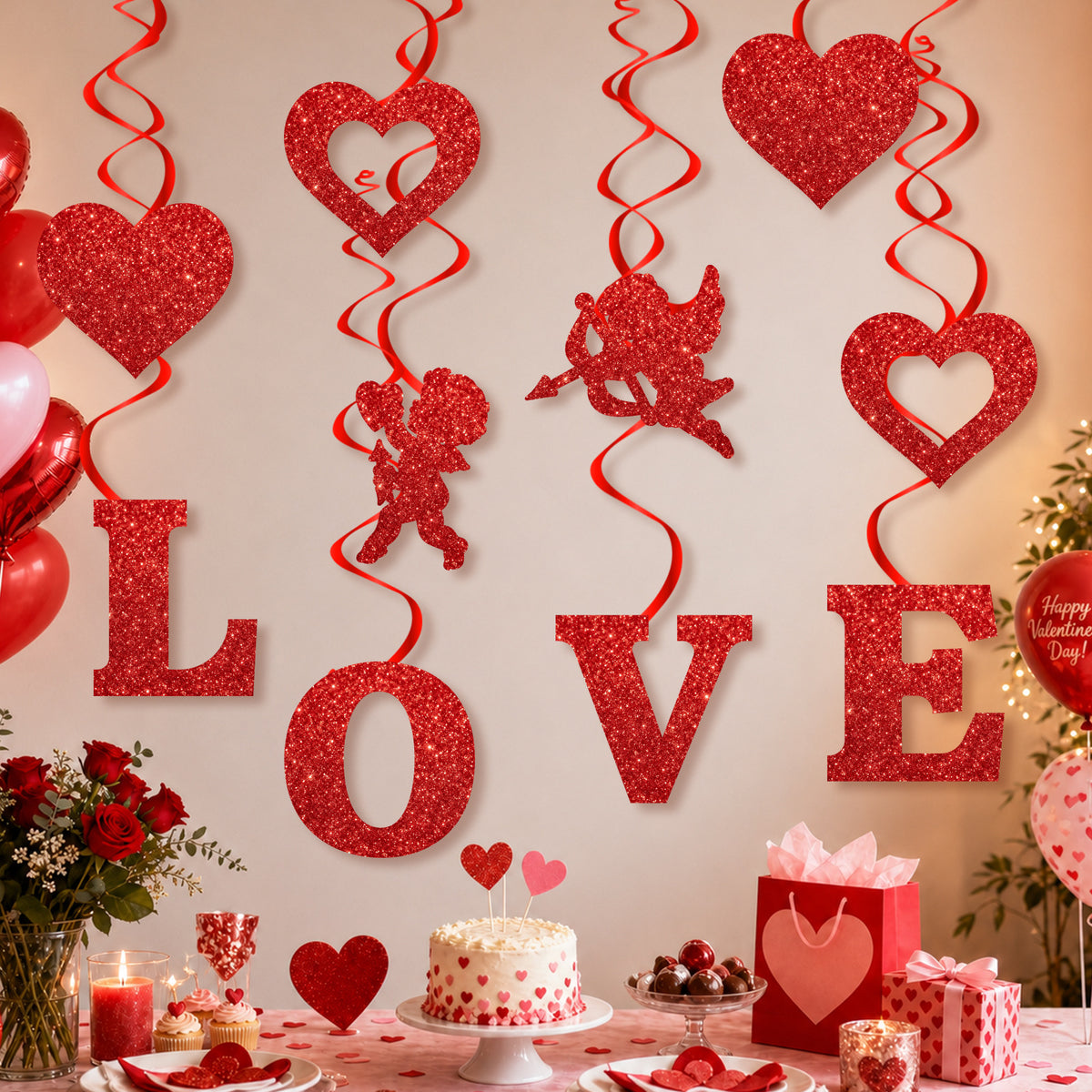 Valentine's Day Hanging Swirl Decorations, 6 Pieces Double-Sided Red Glitter LOVE Letter Cupid and Heart Ceiling Swirls, Valentine Party Streamers for Anniversary, Wedding, Bridal Shower and Engagement