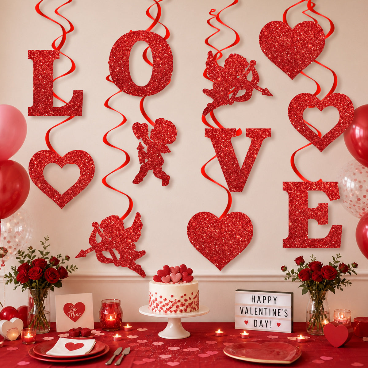 Valentine's Day Hanging Swirl Decorations, 6 Pieces Double-Sided Red Glitter LOVE Letter Cupid and Heart Ceiling Swirls, Valentine Party Streamers for Anniversary, Wedding, Bridal Shower and Engagement