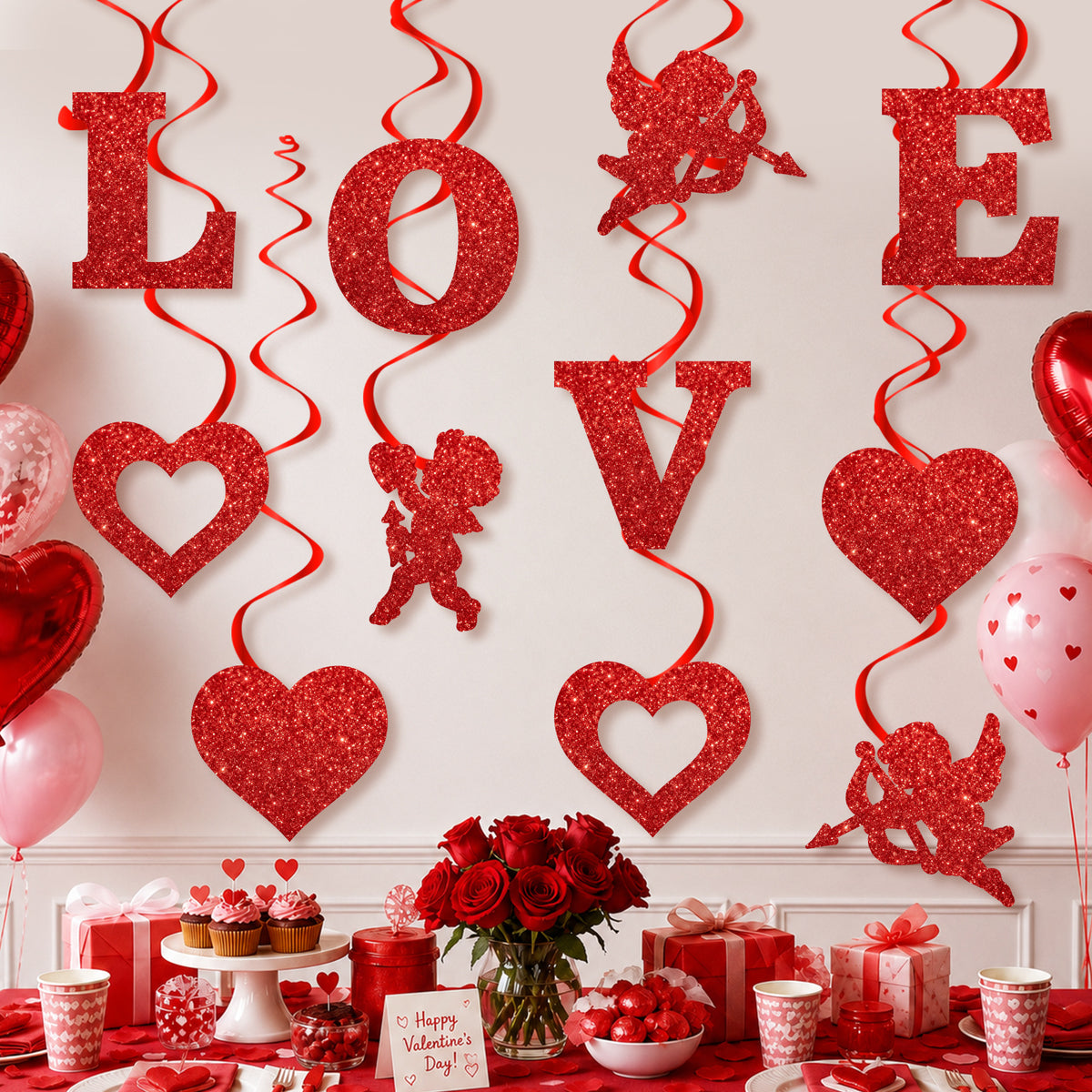 Valentine's Day Hanging Swirl Decorations, 6 Pieces Double-Sided Red Glitter LOVE Letter Cupid and Heart Ceiling Swirls, Valentine Party Streamers for Anniversary, Wedding, Bridal Shower and Engagement