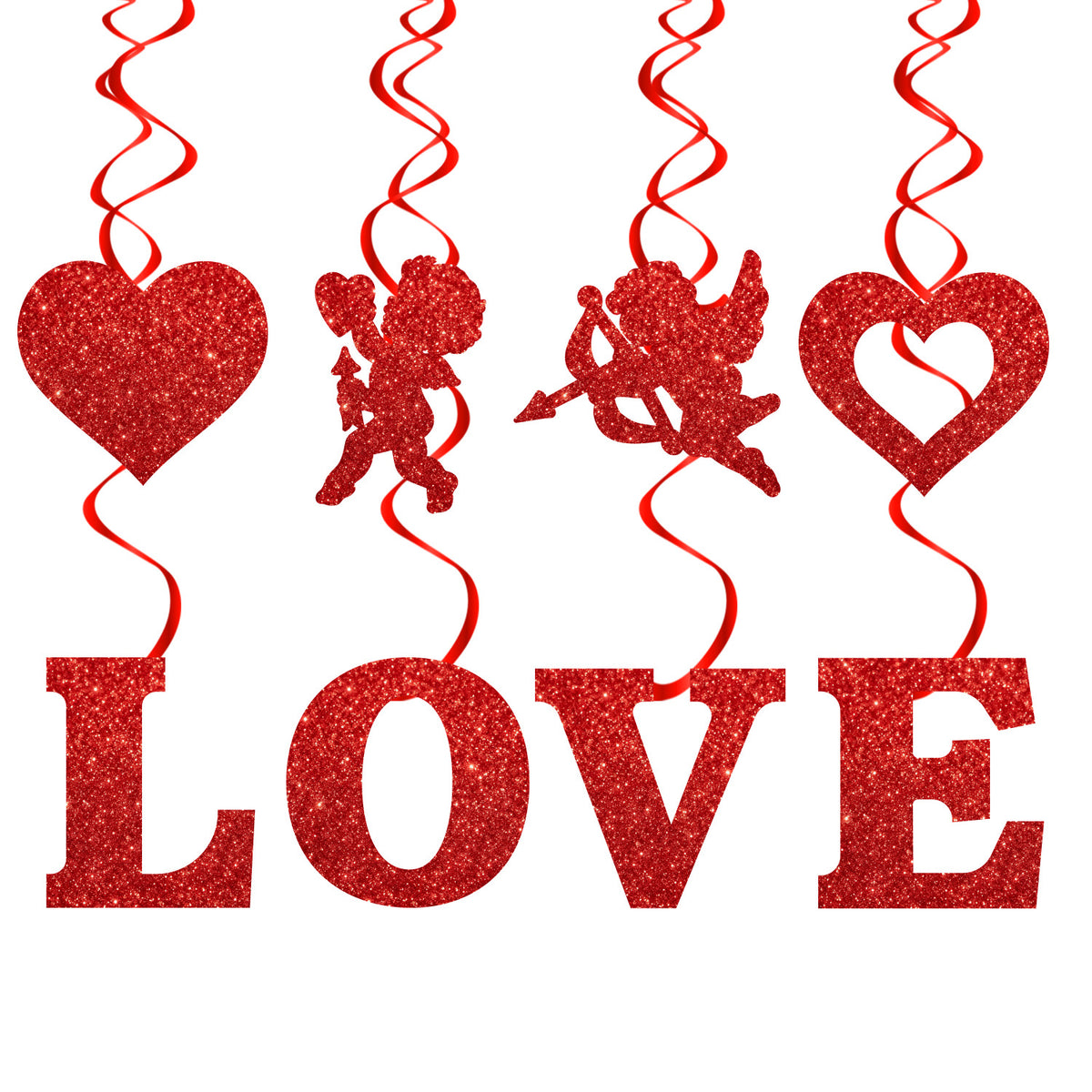 Valentine's Day Hanging Swirl Decorations, 6 Pieces Double-Sided Red Glitter LOVE Letter Cupid and Heart Ceiling Swirls, Valentine Party Streamers for Anniversary, Wedding, Bridal Shower and Engagement