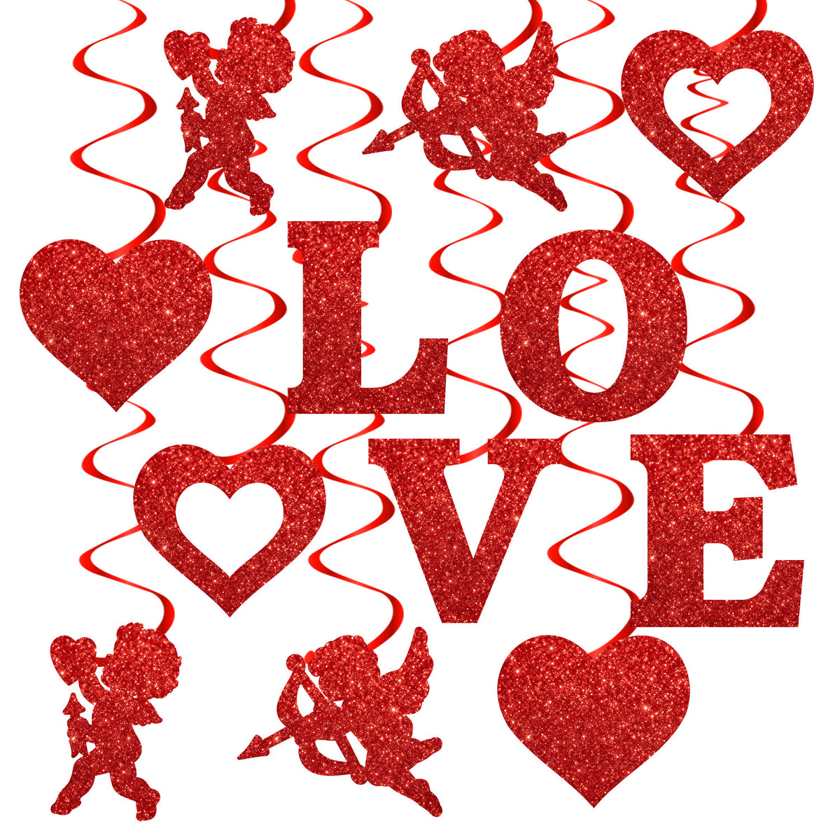 Valentine's Day Hanging Swirl Decorations, 6 Pieces Double-Sided Red Glitter LOVE Letter Cupid and Heart Ceiling Swirls, Valentine Party Streamers for Anniversary, Wedding, Bridal Shower and Engagement